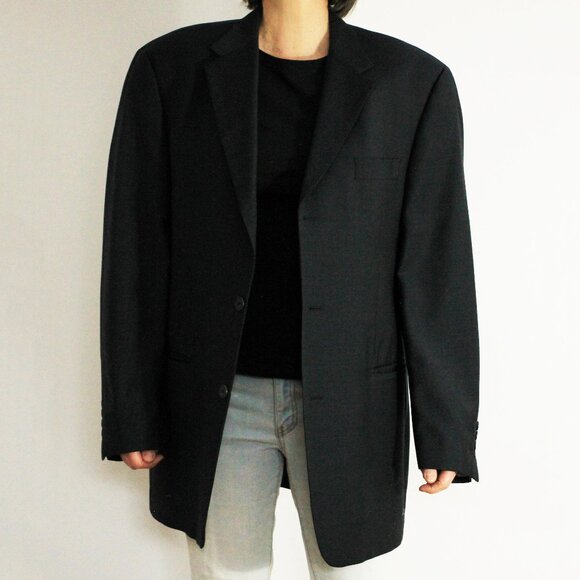 Vintage navy blue Lanificio Biella Italy pure virgin wool oversized blazer - Picture 1 of 9